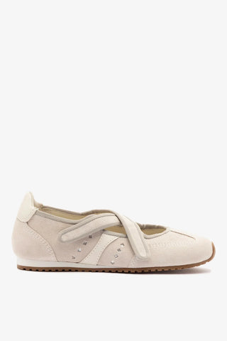 Flat Stella Ballerina Camurça Cinza e Couro Off White Ballerina Larroudé