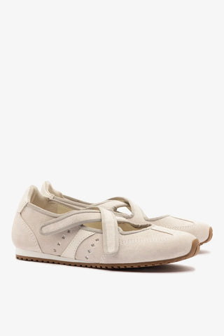Flat Stella Ballerina Camurça Cinza e Couro Off White Ballerina Larroudé