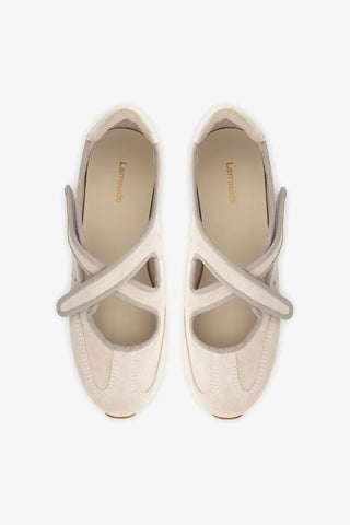 Flat Stella Ballerina Camurça Cinza e Couro Off White Ballerina Larroudé