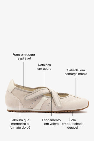 Flat Stella Ballerina Camurça Cinza e Couro Off White Ballerina Larroudé