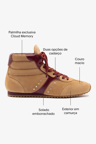 Tênis Cano Médio Stella Camurça Caramelo e Couro Bordô Sneaker Larroudé