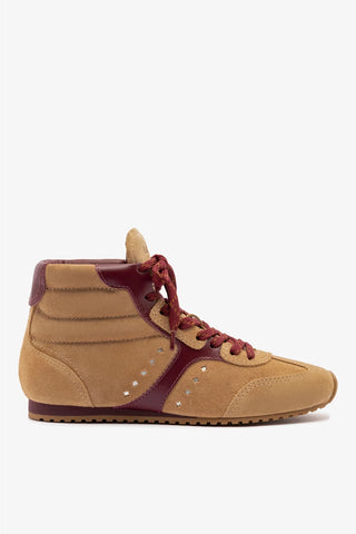 Tênis Cano Médio Stella Camurça Caramelo e Couro Bordô Sneaker Larroudé