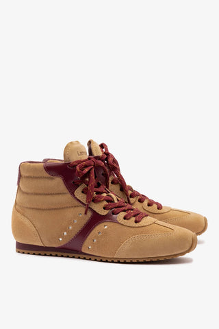 Tênis Cano Médio Stella Camurça Caramelo e Couro Bordô Sneaker Larroudé