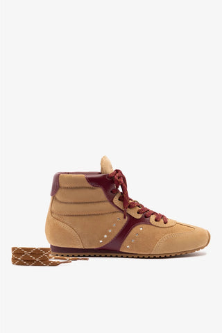 Tênis Cano Médio Stella Camurça Caramelo e Couro Bordô Sneaker Larroudé