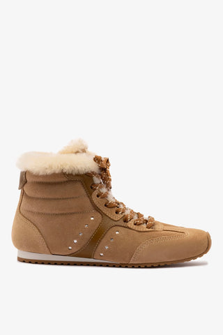 Tênis Cano Médio Stella Camurça Caramelo Couro Marrom e Lã Natural Sneaker Larroudé
