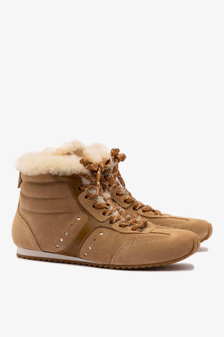 Tênis Cano Médio Stella Camurça Caramelo Couro Marrom e Lã Natural Sneaker Larroudé