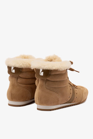 Tênis Cano Médio Stella Camurça Caramelo Couro Marrom e Lã Natural Sneaker Larroudé