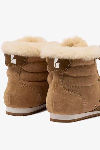 Tênis Cano Médio Stella Camurça Caramelo Couro Marrom e Lã Natural Sneaker Larroudé