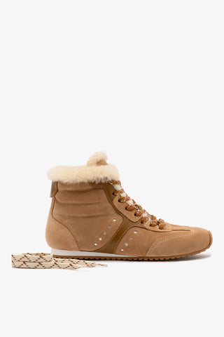 Tênis Cano Médio Stella Camurça Caramelo Couro Marrom e Lã Natural Sneaker Larroudé