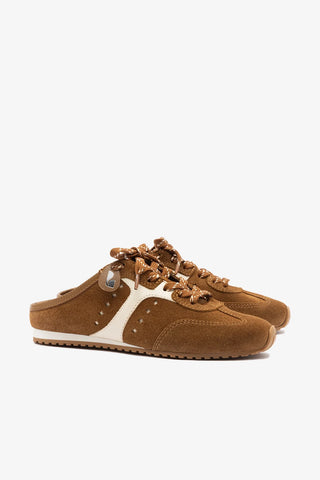 Mule Stella Camurça Marrom e Couro Off White Sneaker Larroudé