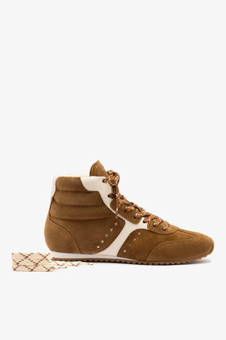 Tênis Cano Médio Stella Camurça Marrom e Couro Off White Sneaker Larroudé