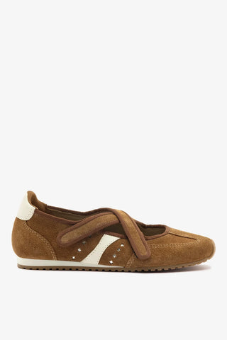 Flat Stella Ballerina Camurça Marrom e Couro Off White Ballerina Larroudé