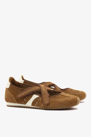 Flat Stella Ballerina Camurça Marrom e Couro Off White Ballerina Larroudé