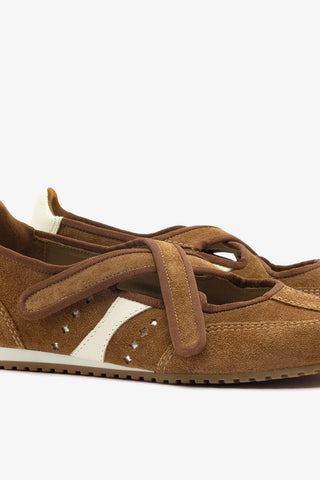 Flat Stella Ballerina Camurça Marrom e Couro Off White Ballerina Larroudé