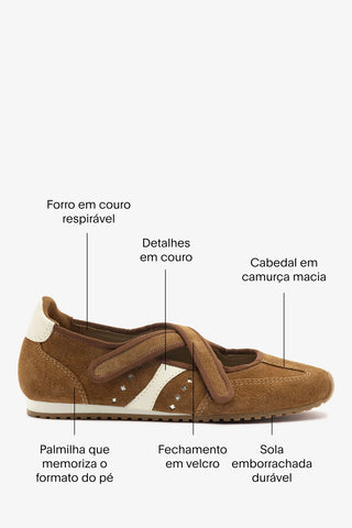 Flat Stella Ballerina Camurça Marrom e Couro Off White Ballerina Larroudé