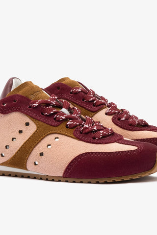 Tênis Stella Camurça Rosa e Vinho e Couro Prateado Sneaker Larroudé