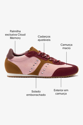 Tênis Stella Camurça Rosa e Vinho e Couro Prateado Sneaker Larroudé