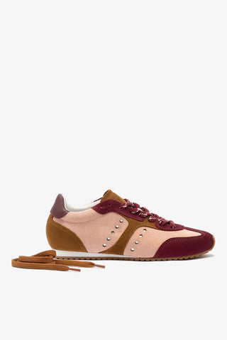 Tênis Stella Camurça Rosa e Vinho e Couro Prateado Sneaker Larroudé