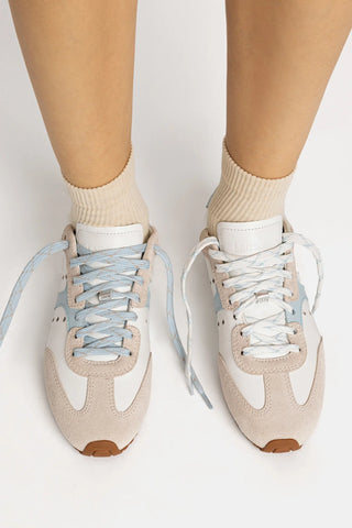 Tênis Stella Camurça Cinza e Couro Branco e Azul Sneaker Larroudé