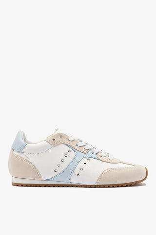 Tênis Stella Camurça Cinza e Couro Branco e Azul Sneaker Larroudé