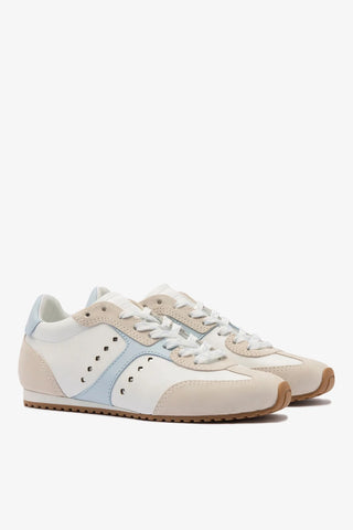 Tênis Stella Camurça Cinza e Couro Branco e Azul Sneaker Larroudé