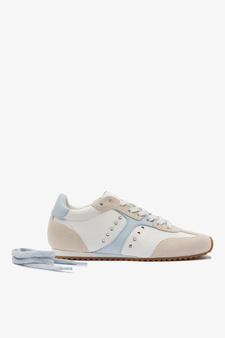 Tênis Stella Camurça Cinza e Couro Branco e Azul Sneaker Larroudé