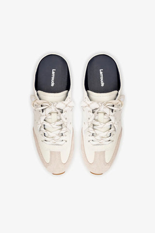 Mule Stella Couro Branco e Camurça Cinza Sneaker Larroudé