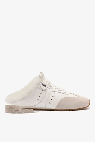 Mule Tênis Stella Couro Branco Camurça Cinza e Lã Branco Sneaker Larroudé