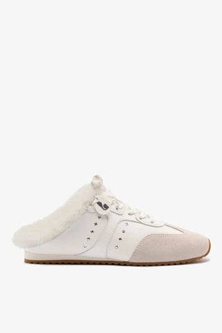 Mule Tênis Stella Couro Branco Camurça Cinza e Lã Branco Sneaker Larroudé