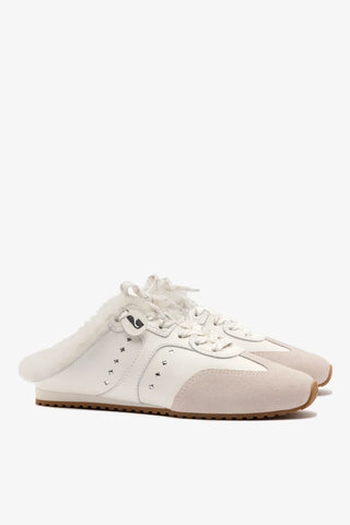 Mule Tênis Stella Couro Branco Camurça Cinza e Lã Branco Sneaker Larroudé
