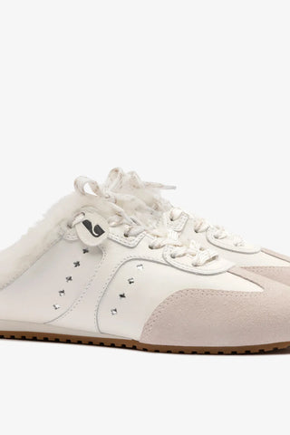 Mule Tênis Stella Couro Branco Camurça Cinza e Lã Branco Sneaker Larroudé