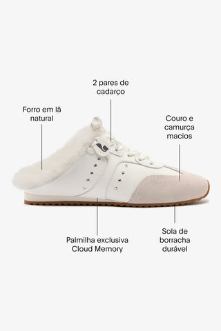 Mule Tênis Stella Couro Branco Camurça Cinza e Lã Branco Sneaker Larroudé
