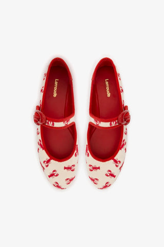 Sapatilha Verona Lona Off White e Bordado Lagosta Ballerina Larroudé