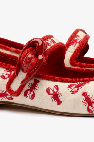 Sapatilha Verona Lona Off White e Bordado Lagosta Ballerina Larroudé
