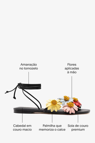 Sandália Flat Fiore Couro Preto Sandal Larroudé