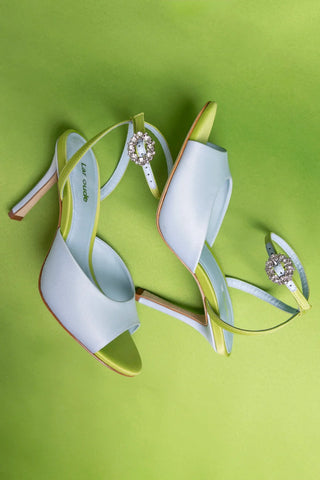 Sandália Jasmine Cetim Azul e Verde Sandal Larroudé