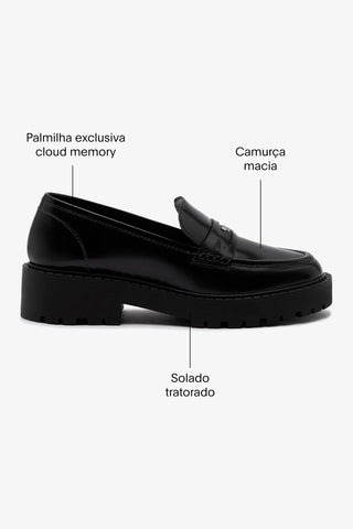 Mocassim Tratorado Suki Couro Preto Loafer Larroudé