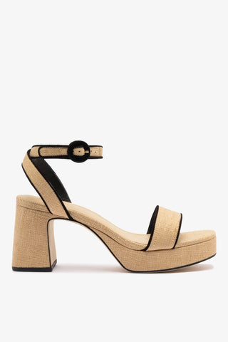 Sandália Plataforma Dolly Low Ráfia Bege e Camurça Preto Sandal Larroudé