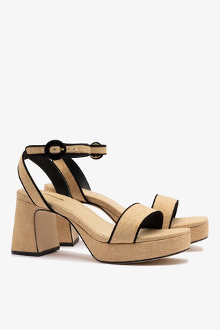 Sandália Plataforma Dolly Low Ráfia Bege e Camurça Preto Sandal Larroudé