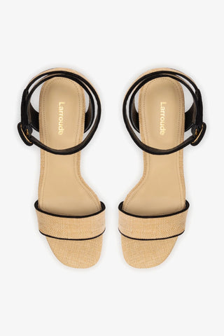 Sandália Plataforma Dolly Low Ráfia Bege e Camurça Preto Sandal Larroudé