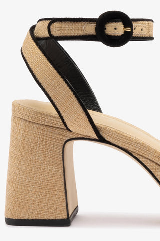 Sandália Plataforma Dolly Low Ráfia Bege e Camurça Preto Sandal Larroudé