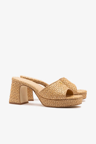 Mule Plataforma Dolly Low Ráfia e Couro Bege Sandal Larroudé