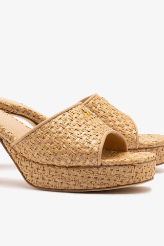 Mule Plataforma Dolly Low Ráfia e Couro Bege Sandal Larroudé