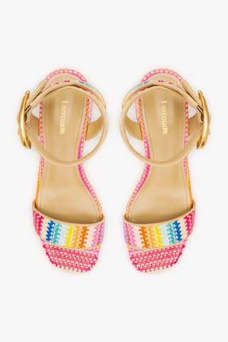 Sandália Plataforma Dolly Verona Low Ráfia Multicor e Couro Bege Sandal Larroudé