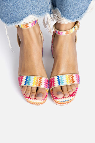 Sandália Plataforma Dolly Verona Low Ráfia Multicor e Couro Bege Sandal Larroudé