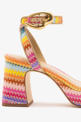 Sandália Plataforma Dolly Verona Low Ráfia Multicor e Couro Bege Sandal Larroudé