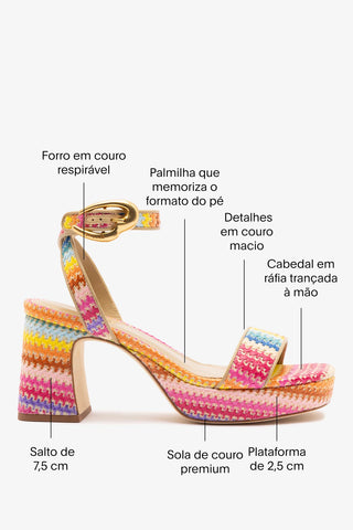 Sandália Plataforma Dolly Verona Low Ráfia Multicor e Couro Bege Sandal Larroudé