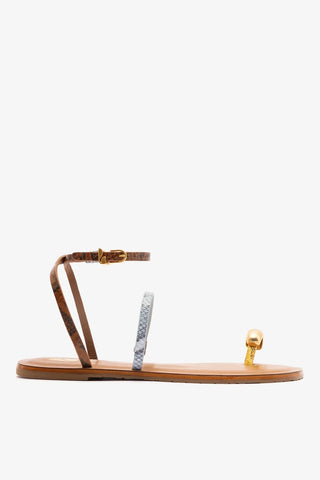 Flat Biarritz Couro Cobra Amarelo, Azul e Marrom Flat Sandal Larroudé