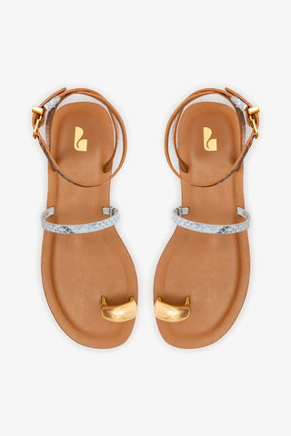 Flat Biarritz Couro Cobra Amarelo, Azul e Marrom Flat Sandal Larroudé