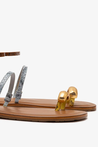 Flat Biarritz Couro Cobra Amarelo, Azul e Marrom Flat Sandal Larroudé